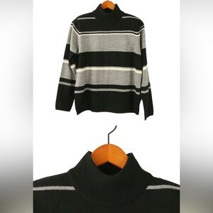 NWT Karen Scott Vintage Black Gray Striped Merino Wool Mock Neck Sweater M